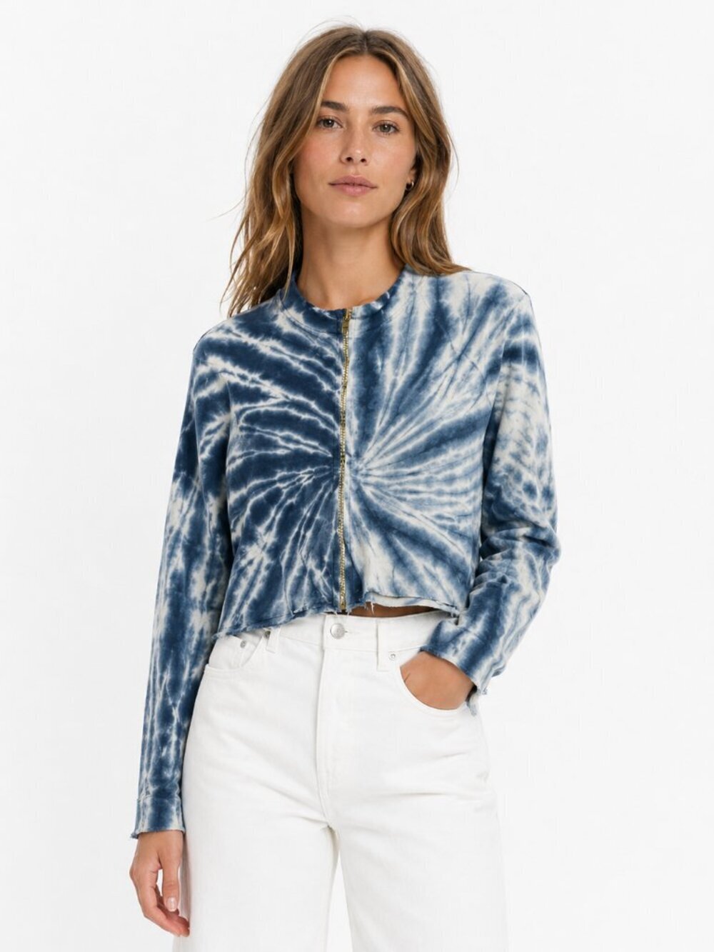 MOTHER Snacks Tie Dye Blue Cropped Crewneck Sweater Size S Boho Chic Lounge Cozy